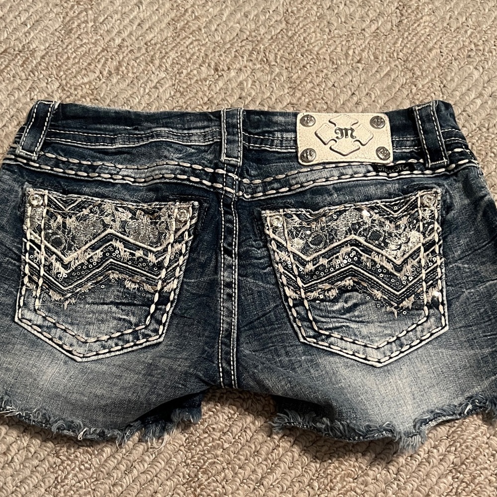 Miss Me Blue Jean Shorts with White Embroidery